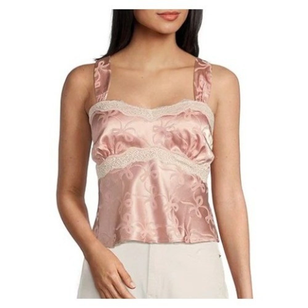 Evolutionary Tank Top Womens Medium Pink Satin Jacquard Bow Camisole Cottagecore